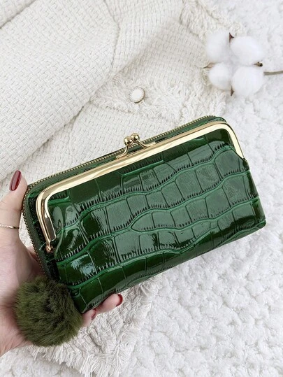 Avec un pompon, portefeuilles longs verts pour femmes en cuir PU, sacs à main à fermeture éclair et à rabat, sacs à main multifonctionnels de grande capacité pour femmes, porte-monnaie et porte-cartes, légers, mode moderne, affaires, fermeture éclair, porte-cartes de crédit, décontracté, Fête des enseignants, cadeaux pour enseignants, pour l'anniversaire, pour les cadeaux pour les femmes, pour les cols blancs