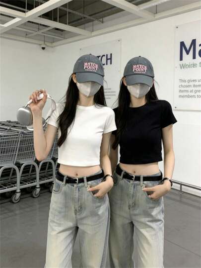 2件套 娇小女款夏季新款简约短袖T恤，修身短款休闲圆领纯色上衣