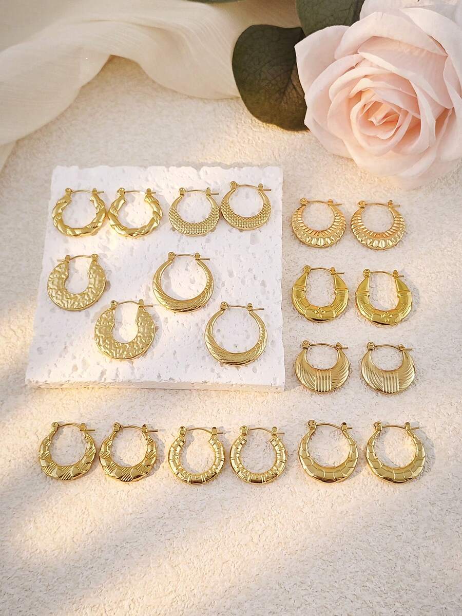 10 pares de juego de pendientes de varios estilos y tamaños para mujeres. Pendientes redondos retorcidos con sensación de lujo premium, resistentes a la decoloración y al agua, de acero inoxidable con forma de C para chicas, estilo europeo y americano INS.