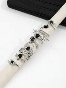 8pcs/Set Punk Style Faux Black Gemstone Bat, Spider, Heart Rose Flower Crystal Rings Set For Women - Silver - View 5