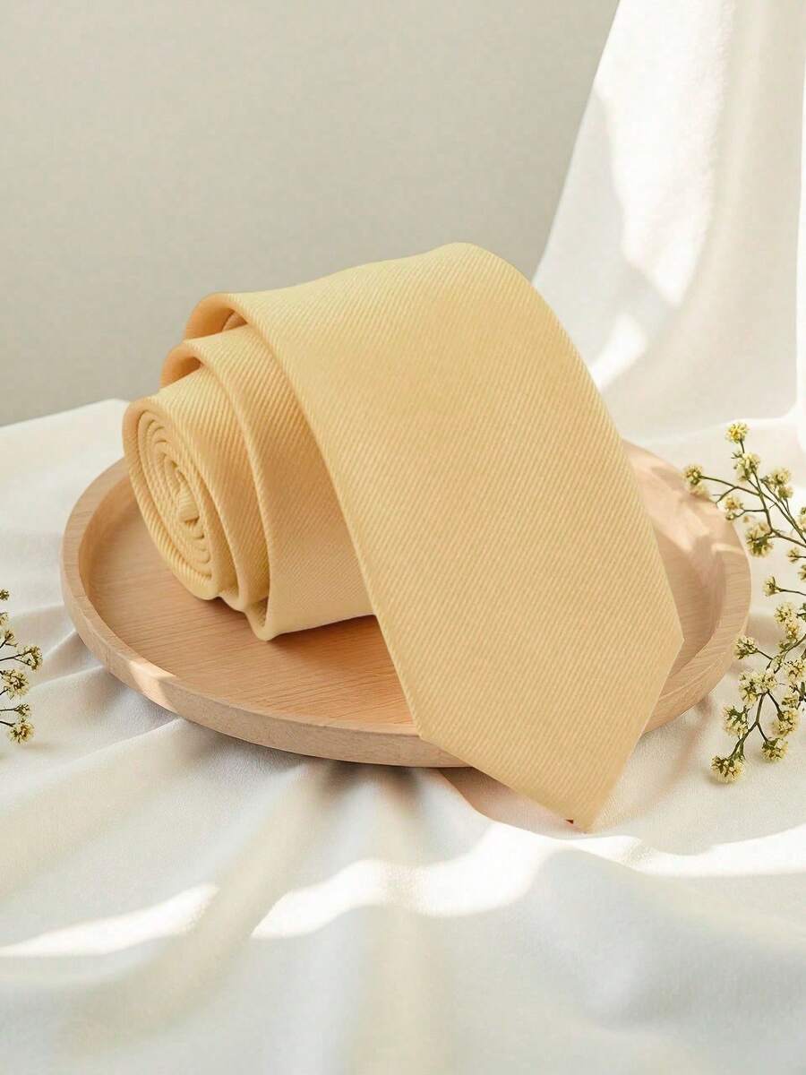 1pc Men's Fashion Solid Olive Green Striped Necktie, Versatile - Champagne - View 1