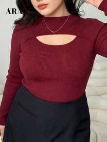 ARA CHIC Women's Plus Size Fall Winter Burgundy Mock Neck Sweater, Heart Cutout Front Long Sleeve Ribbed Knit Top, Slim Fit Curvy Casual Party Top - Burgundy - View 9