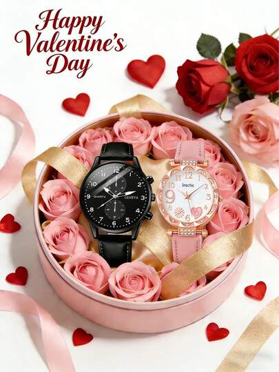 2Pcs/Set Couple Watch Set: Elegant And Exquisite Round Fireworks Dial Quartz Watch Set, Suitable For Couples To Wear, Birthday/Holiday Gift, Party, Vacation, Travel, Back To School, Party Decoration, Perfect Gift For Girlfriend And Boyfriend On Valentine's Day And New Year's Day, Romantic And Elegant Gift For Girlfriend (Excluding Gift Box)