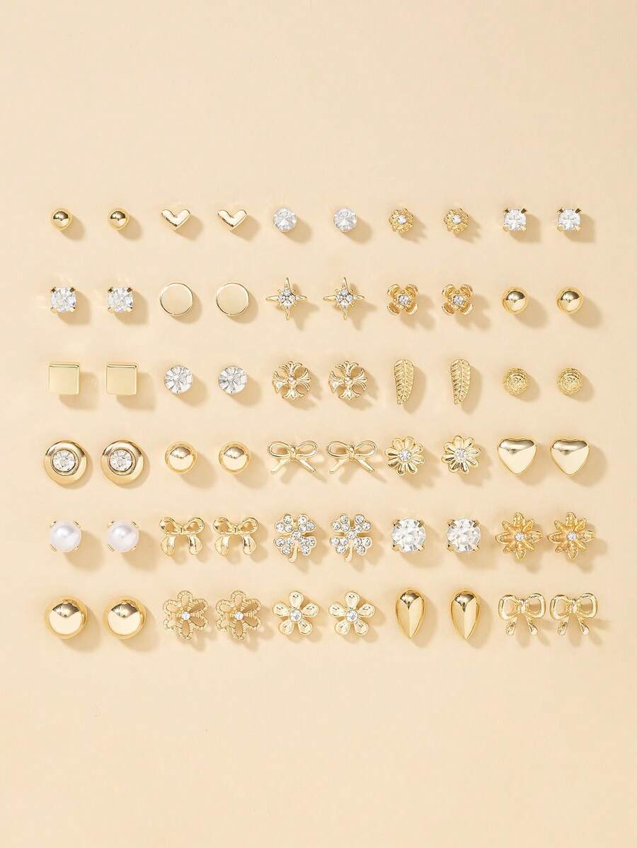 30 Pairs Women Metal Tree, Shell, Pearl, Heart Shaped Earrings Set, Gift - Yellow Gold - View 1