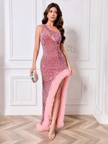 Elisanya Đầm dạ hội sang trọng, gợi cảm, thiết kế bất đối xứng/khoét vai lệch, phối lưới, xẻ tà cao, phù hợp cho các bữa tiệc, hẹn hò, dự tiệc cưới. - Bụi hồng - Xem 6