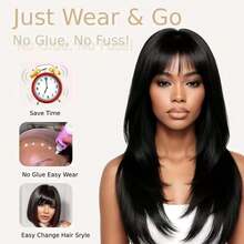 26inch Layered Wig Bangs Black Wig With Bangs Long Black Wig For Women Synthetic Heat-Resistant Hair Layered Style Hair For Daily And Party Use - 黑色 - 查看 5