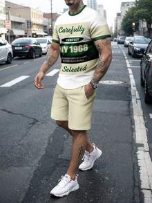 Men's Minimalist Letter Print Round Neck Short Sleeve Drawstring Shorts Set Summer - Multicolor - View 4