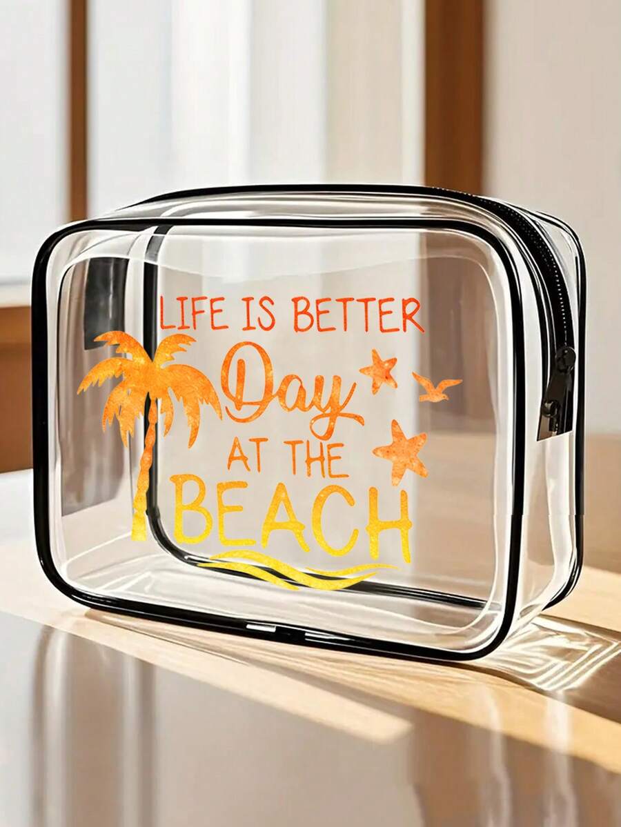 渐变亮面沙滩棕榈树印花PVC化妆包，拉链密封PVC旅行收纳袋 - 轻便防褪色女士化妆洗漱包，便携式化妆盒，易擦拭设计，个性化礼品袋 - 彩色 - 查看 1