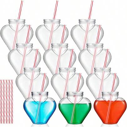 10 Oz Valentine's Day Heart Shaped Cups With Lids And Straws Plastic Heart Drink Bottle Plastic Tumblers Drinking Cocktail Cups Valentine's Day Birthday Party 12 Pcs