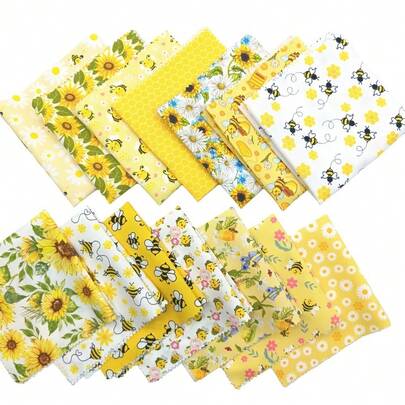 14pcs Bee & Sunflower Polyester Fabric Squares, 9.8*9.8 Inches, Bee & Daisy Theme Pre-Cut Quilting Blocks, Suitable For DIY Crafts And Decoration