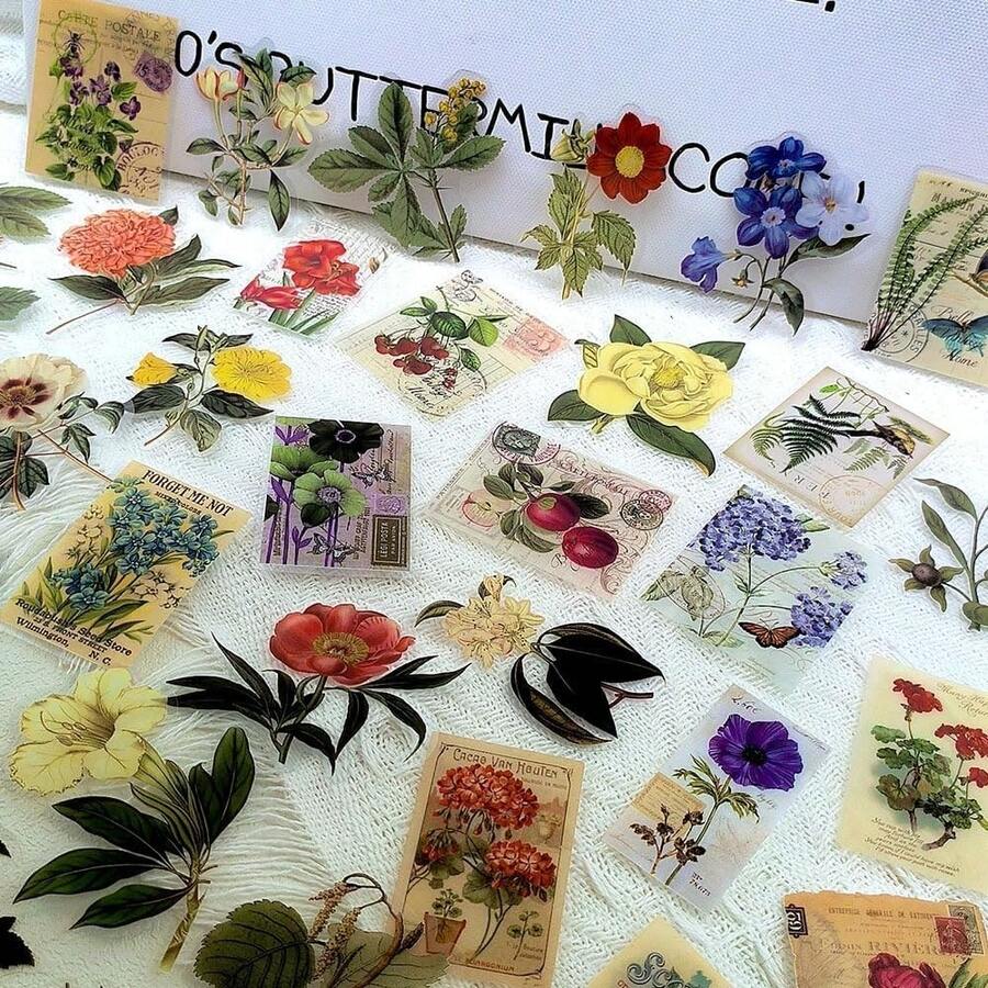 50枚透明ヴィンテージ風 フラワー＆植物 スクラップブックステッカー, 防水 レトロ ボタニカル, ワイルドフラワー, ポストカード用フラワーデカール, 日記帳, アートクラフト, カードデコレーションに ( レトロ植物) - レトロ植物 - チェックする 1