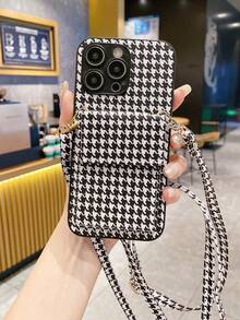 Luxury Houndstooth Pattern Phone Case With Card Slot & Detachable Strap, Multifunctional Houndstooth Lanyard Phone Case, Full Camera Protection Anti-Fall, Compatible With IPhone 11/12/13 Black & White Houndstooth Case With Strap, Compatible With IPhone 14/15/16/16 Pro Max Card Holder Phone Case, Compatible With IPhone 17/17 Pro/17 Pro Max Precise Cutout Lens Protection Case - Black and White - View 3