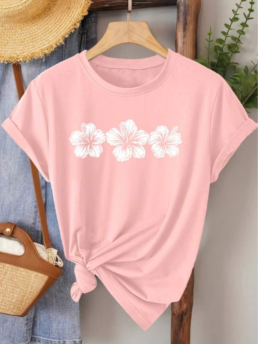 Women's Elegant Style Short Sleeve Hibiscus Print Round Neck Women's Short Sleeve Suitable For Spring And Summer Fashion Commuting Vacation Daily Versatile Casual Elegant Retro Style Top - 粉紅色 - 查看 1