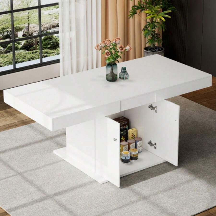 Extendable Dining Table, L140/180*W80*H76cm, Dining Table With Storage, Rectangular Dining Table, Coffee/Leisure Table, Space-Saving Multifunctional Dining Table, Automatic Telescopic Table, White - White - View 1