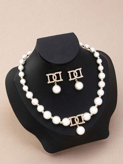 3pcs Elegant Faux Pearl Necklace And Earrings Set, Designed For Women, Suitable For Pairing With Wedding Dresses And Attending Formal Dinners, Ideal Gift For Girlfriend, Mother On Occasions Like Valentine's Day, Mother's Day