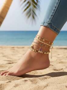 imoli 5入組水鑽和圓形吊飾腳錬 - 金黃色 - 查看 4