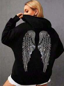 Women's Oversized Wings Print Hoodie - Black Y2K Back Graphic Pullover, Fall Winter Streetwear Long Sleeve Hooded Top, Loose Fit Casual Daily Wear, Retro Aesthetic Statement Pattern Hooded Sweatshirt Adults, Comfy Oversized Silhouette2026Unisex Casual-Shirts - 黑色 - 查看 1