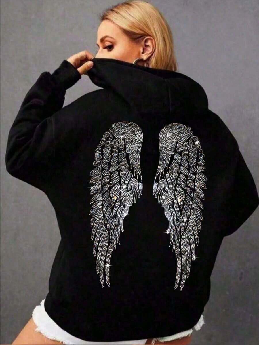 Women's Oversized Wings Print Hoodie - Black Y2K Back Graphic Pullover, Fall Winter Streetwear Long Sleeve Hooded Top, Loose Fit Casual Daily Wear, Retro Aesthetic Statement Pattern Hooded Sweatshirt Adults, Comfy Oversized Silhouette2026Unisex Casual-Shirts - 黑色 - 查看 1