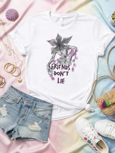 ropa de verano niña Camiseta para niña blanca impreso con Estampado adorable y a la moda Navidad de ropa para niña de 10 a 12 años ropa de niña Envío desde México de playeras Tejido transpirable de primera calidad(1)Trendy Tops stranger