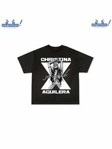 Men'S & Women'S Christina Aguilera Retro Y2K Graphic-Shirt - Black & White Bold Print With X-Back Design - All-Season Casual Streetwear Tee Concerts, Casual Attire - Washable Regular Fit Shirt, Concert Outfit, Street Style - 黑色 - 查看 6