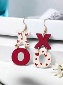 1 Pair Acrylic Painted XO Heart Print Earrings, Elegant & Sexy Earrings, Soft Ceramic Texture, Valentine's Day Gift - Letter - View 3