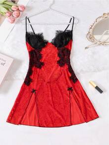 3D Embroidered Velvet Sexy Lingerie Camisole Nightgown - Red - View 11