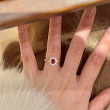 可调节 18K 镀金高碳锆石宫廷风格编织设计女士结婚戒指 - 紅色 - 查看 2