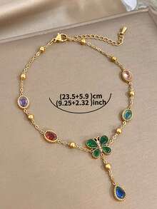 1Pc Luxury Delicate Colored Zirconia Clover Butterfly Anklet For Women, 18K Gold Plated Stainless Steel With, Elegant Mom Gift, For Valentines, Party, Gala, Daily, Dating, Mother's Day, New Years, Wedding, Beach, Christmas Anniversary, Boho Jewelry Birthday Bridesmaid Gift - Multicolor - View 5