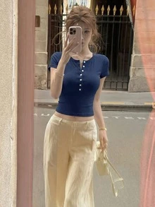 性感休闲亨利领短袖上衣，修身弹力面料，露脐款式，夏季 - 藏蓝色 - 查看 5