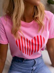 Women's Heart Print Round Neck Short Sleeve Casual Versatile T-Shirt, Spring/Summer - Pink - View 3