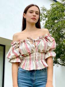 Women's Off Shoulder Tops Elegant Striped Puff Short Sleeve Tie Front Ruffled Blouse For Summer Daily Wear - Baby Pink - View 2