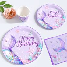 Mermaid Themed Disposable Plates, Napkins, Cups Set, Serves 10 Guests, Suitable For Birthday, Wedding, Party, Family Picnic - Multicolor - View 4
