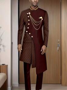 Men's Casual Long-Sleeved Two-Piece Suit, Mid-Length Top And Trousers - 酒紅色 - 查看 4