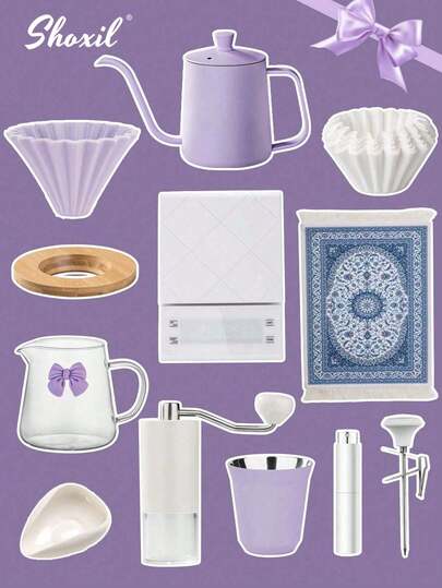 shoxil Juego de café morado, No.02 Juego de café de goteo, Juego de cafetera de vertido manual, Caja de regalo de café portátil, Accesorios de café de viaje, Regalos para familiares y amigos