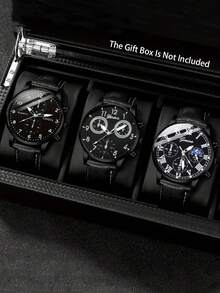 3pcs/Set Personalized Dial Quartz Fashionable Casual Elegant Business Exquisite Men's Watch, Versatile Wristwatch - Black - View 1