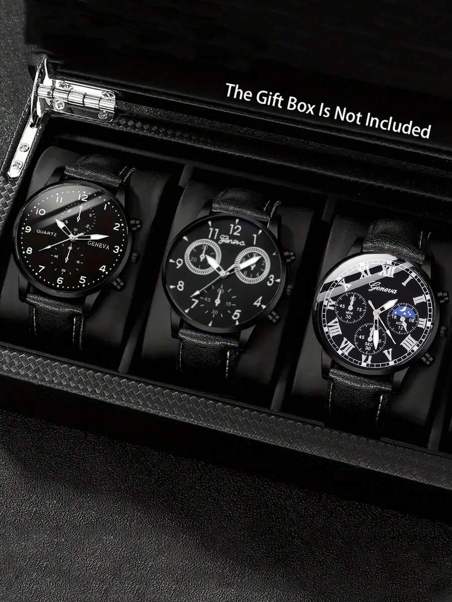 3pcs/Set Personalized Dial Quartz Fashionable Casual Elegant Business Exquisite Men's Watch, Versatile Wristwatch - Black - View 1