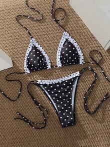 Đồ bơi bikini nữ, họa tiết chấm bi kẻ caro cổ điển, trang phục thời trang OOTD/Trang phục đi chơi/Phong cách Y2K/Kỳ nghỉ/Đồ đi biển mùa hè màu đen - màu đen - Xem 6
