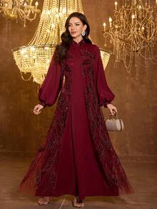 SUPGIR [随机印花] 女士长袖亮片拼接腰带晚礼服 - 酒紅色 - 查看 4