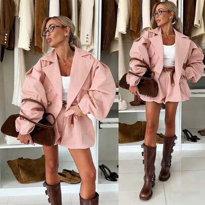 Women's Solid Color Spring/Autumn New Jacket Two Pieces Set: Jacket + Pants Pink