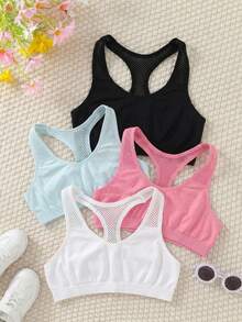 4pcs Girls' Minimalist Solid Color Knit Fashion Sports Camisole Casual Set, Seamless Comfortable Breathable Hollow Shoulder Strap Design, Suitable For Running And General Workout Sports Bra - Multicolor - View 2