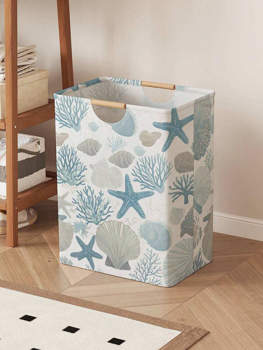 1个海洋主题印花敞口收纳盒，可折叠洗衣篮袋，带木柄，家用浴室可折叠脏衣篮 - 彩色 - 查看 1
