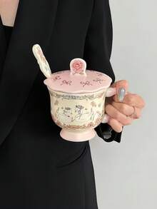 1 pièce Tasse en céramique avec couvercle et cuillère, décorée à la main avec un cygne, un lapin et une fée. Tasse à café latte artistique de style vintage français avec couvercle et cuillère. Tasse à avoine rétro pour le petit-déjeuner. Cadeau de haute qualité pour les amis et les amoureux. Convient pour les restaurants, les salons et les cafés. - Multicolore - Voir 13