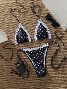 Đồ bơi bikini nữ, họa tiết chấm bi kẻ caro cổ điển, trang phục thời trang OOTD/Trang phục đi chơi/Phong cách Y2K/Kỳ nghỉ/Đồ đi biển mùa hè màu đen - màu đen - Xem 4