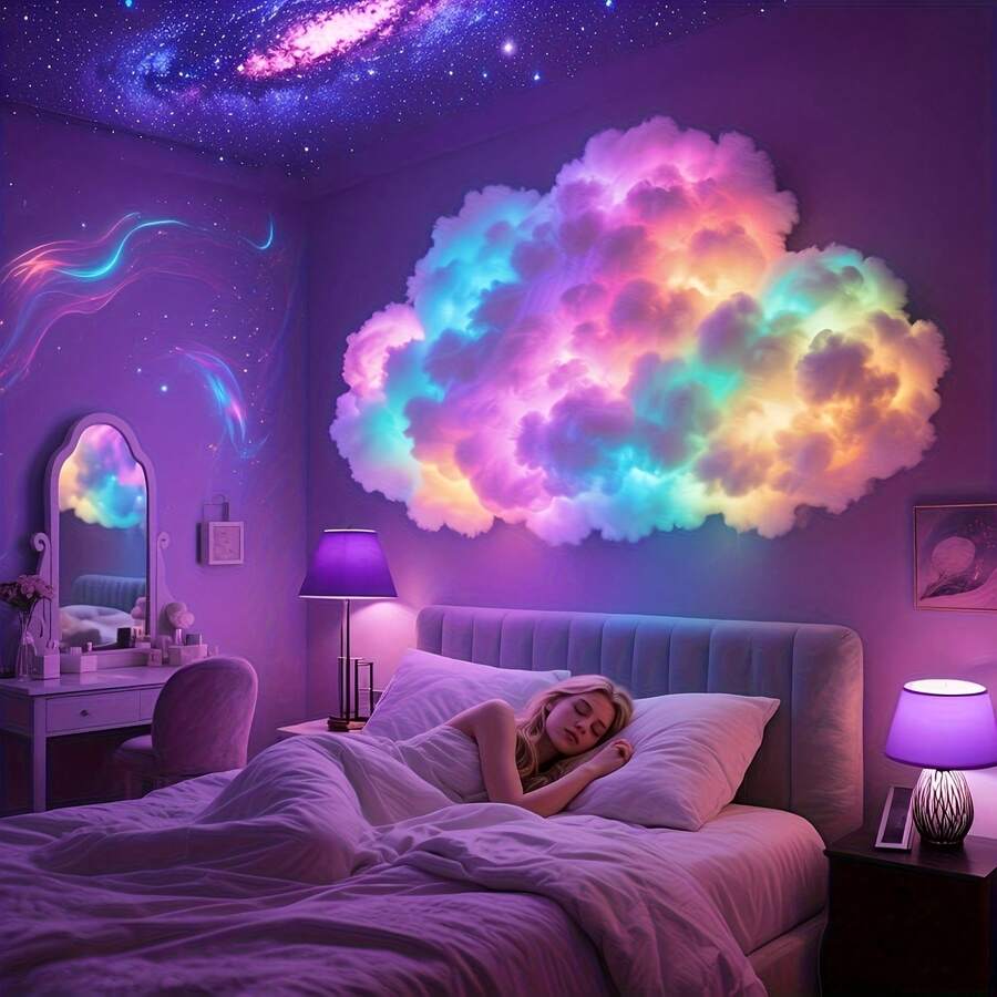 OBOVAY 1pc 200cm/400cm Smart Cloud Lamp, DIY Thunder Cloud LED Light (Single), Rhythm Music Night Light, USB Powered Wall-Mounted Giant Cloud Lamp - Made Of ABS Resin, Dimmable - Colorful Atmosphere Night Light, Ideal For Gaming Room And Party (Light Source Included) - Popular Christmas Gift, Suitable For Office, Bedroom, Gaming Room, Hotel, Party And Restaurant Holiday Decoration