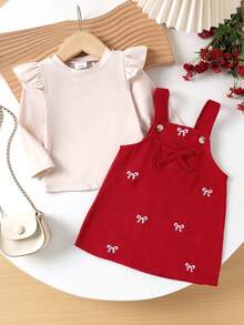 2pcs Baby Girls Cute Stylish Long Sleeve Top + Bib Dress Set, Lightweight, Spring/Autumn - Burgundy - View 3