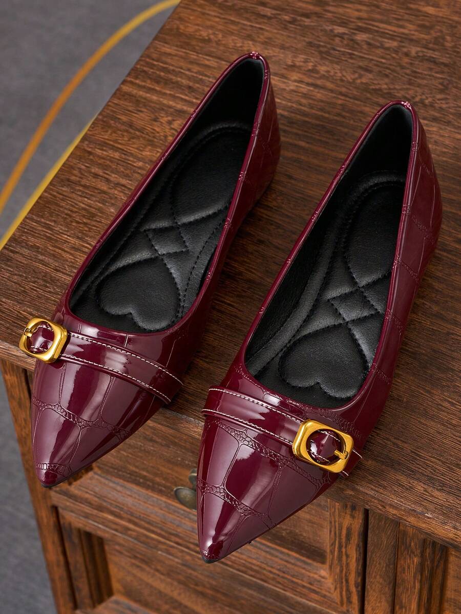 女士时尚尖头平底鞋,适合通勤、办公、派对、约会、婚礼、新年、情人节等场合,休闲百搭,优雅酒红色平底鞋,春季必备 - 酒紅色 - 查看 1