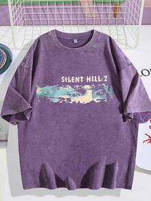 Men's Retro Loose T-Shirt, Co Branded With Silent Hill 2, Loose Casual Round Neck Short Sleeved Tee - 紫色 - 查看 1