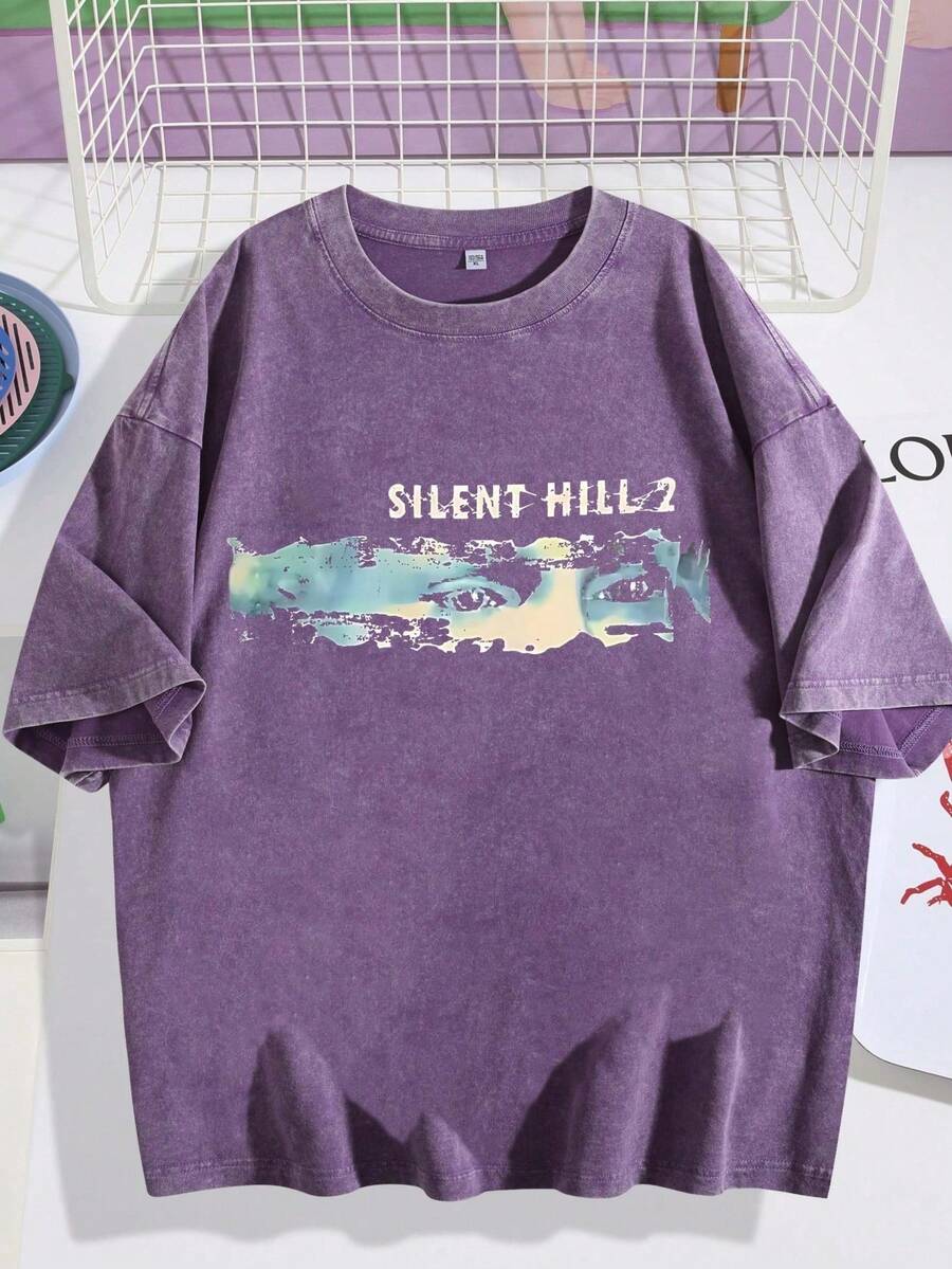 Men's Retro Loose T-Shirt, Co Branded With Silent Hill 2, Loose Casual Round Neck Short Sleeved Tee - 紫色 - 查看 1