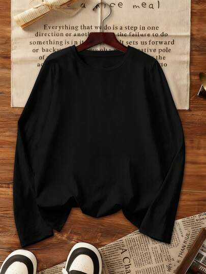 Women's Long Sleeve T-Shirt, Cotton Round Neck Top, Ladies Apparel, Autumn/Winter Season, Winter Lining, Pullover, T-Shirt, Women's Clothing, Autumn/Winter, Comfortable Fit, Autumn/Winter Wear, Daily Wear Spring Black