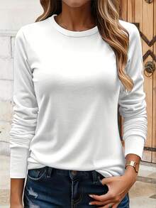女士长袖T恤，纯棉圆领上衣，女士服装，秋冬季，保暖内衬，套头衫，T恤，女装，秋冬季，舒适贴身，秋冬装，日常穿着 - 白色 - 查看 5